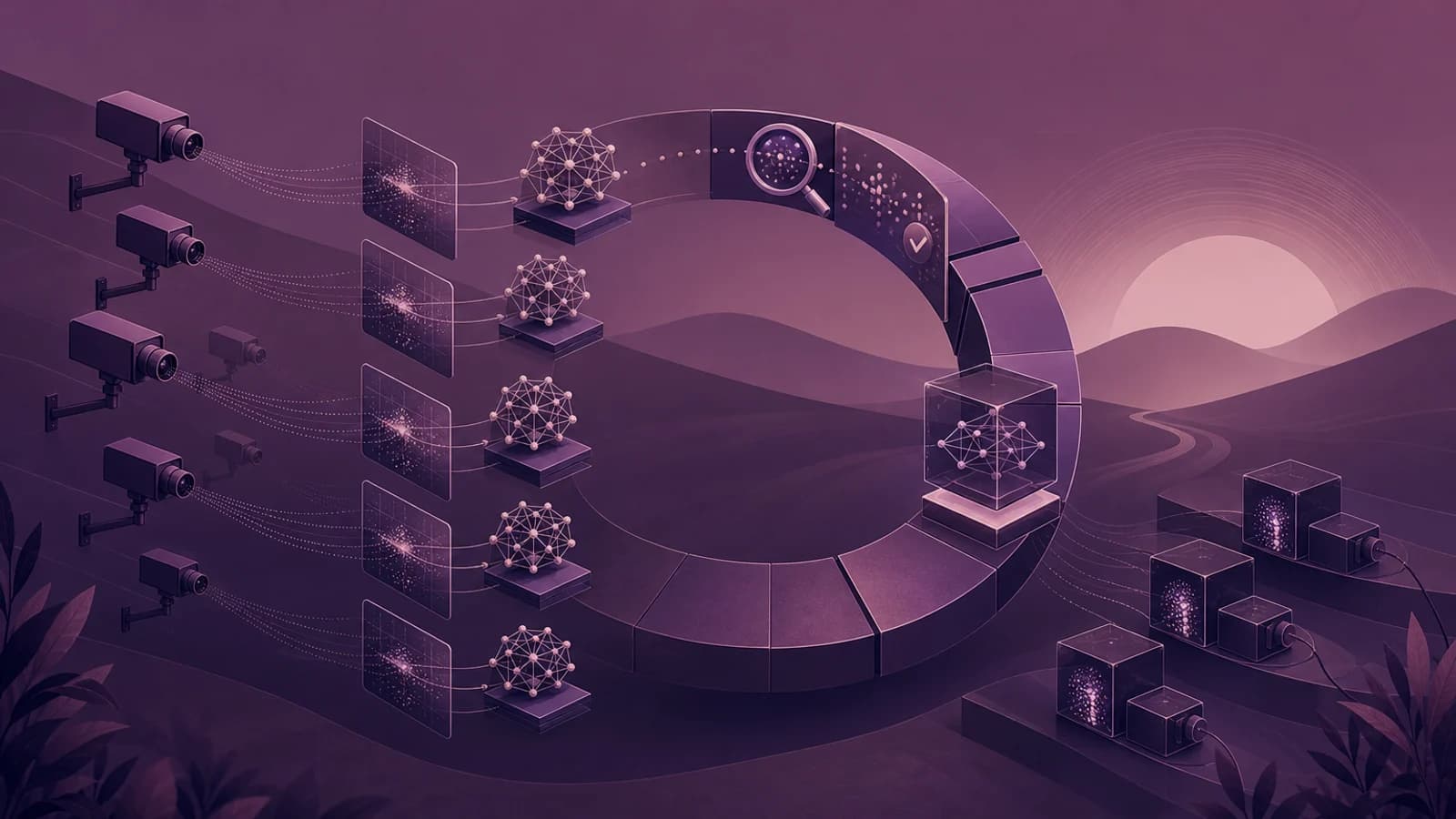 تصویرسازی مفهومی برای خبر «چرخه عمر بینایی ماشین در لبه برای ناوگان دوربین‌ها با SageMaker SDK v3»